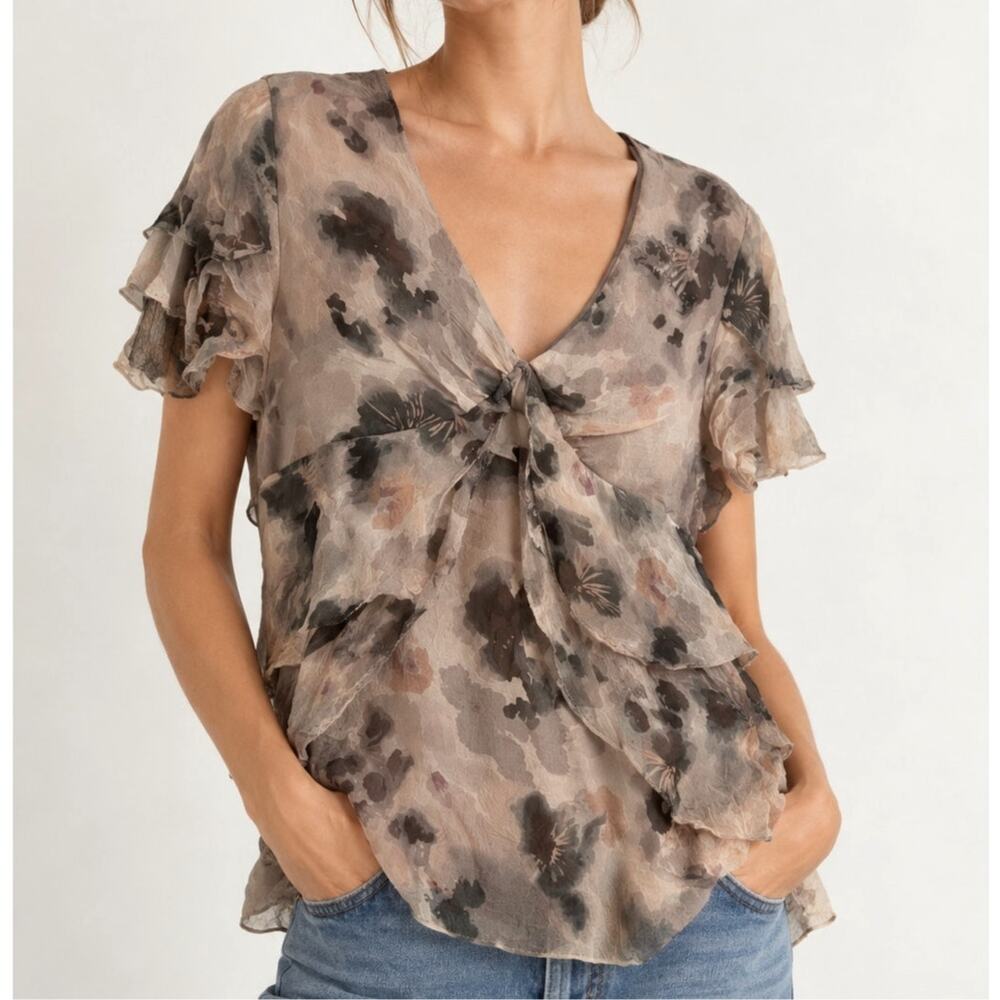 Sundance 100% Silk Floral Ruffle Blouse XL Boho Romantic Layered Sheer Top